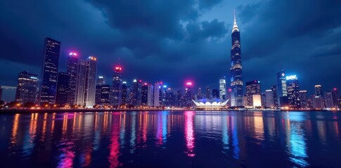 Obraz premium Dazzling skyscrapers, vibrant neon lights, harbor reflections , illuminated, china