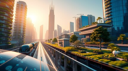 Fototapeta premium Futuristic Urban Landscape: A Glimpse of Sustainable City Life with Elevated Transit Systems