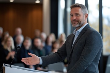 A confident male speaker gestures towards an audience, engaging them with charisma and presence in a modern conference setting highlighted by large windows and vibrant decor.