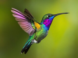 Fototapeta premium Vibrant Hummingbird Hovers Softly Emerald Green Background. AI Generated