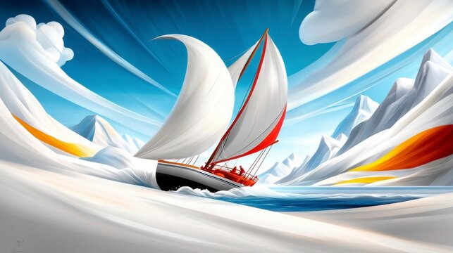 Sailing adventure in icy waters illustration vibrant colors serene environment artistic perspective
