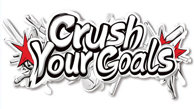 A stylish "Crush Your Goals" sticker, dynamic script with action lines, bold and vibrant, thick white sticker border, fully isolated, white background, Generated AI
