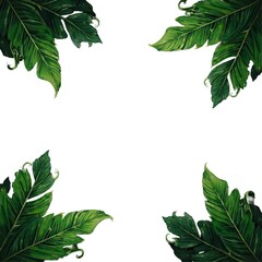 Green tropical leaves forming a stylish border on white with a unique artistic effect