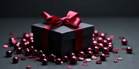 A Dark Gift Box with a Crimson Ribbon Rests on a Bed of Deep Red Decorative Beads