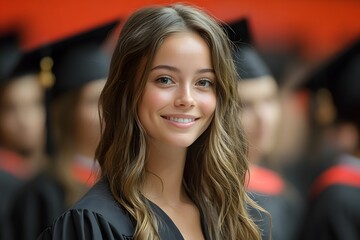 Obraz premium **Graduation Day Smile:** Capturing the joy and accomplishment of graduation, a beautiful young woman smiles radiantly in her cap and gown.