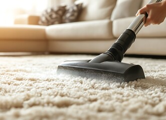 A professional carpet cleaning service worker is using a wet vacuum cleaner to clean the floor in front of a sofa, close-up view of hands and equipment