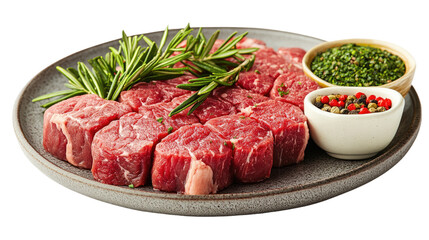 Fototapeta premium Tenderloin Temptation: Savor the anticipation with a plate of fresh, raw beef tenderloin cuts, a gourmet's delight, enhanced by rosemary sprigs, ready to become a culinary masterpiece. 