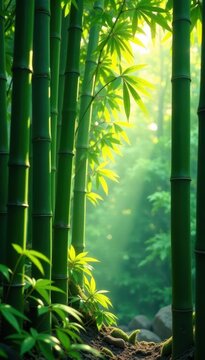 Dense bamboo stalks, dappled sunlight filtering through leaves, shadows, background