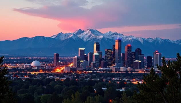 Denver skyline, Rocky Mountains backdrop, dramatic angle, colorado, skyline, colorado mountains