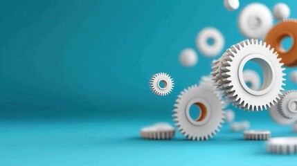 Turquoise Background with Abstract Metallic Gears and Cogwheels   Industrial Engineering Mechanism Concept