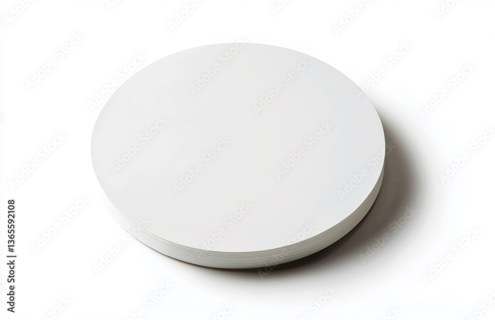 Poster a simple white circular object casting a soft shadow on a plain white background studio shot view