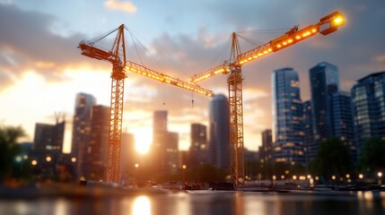 Fototapeta premium Dramatic silhouette of towering construction cranes set against a glowing modern city skyline at dusk The cranes stand tall symbolizing progress and development as the sun sets casting a warm