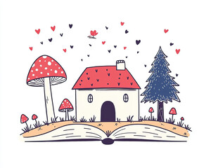 Fototapeta premium whimsical illustration of open book revealing charming house surrounded by colorful mushrooms and trees, evoking sense
