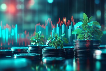 Plants growing from stacks of coins with stock market chart in the background showing financial growth