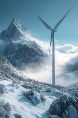 A serene winter landscape featuring a tall wind turbine in the foreground, surrounded by snow-covered mountains and mist. The scene is tranquil, with soft blue tones and a clear sky. 