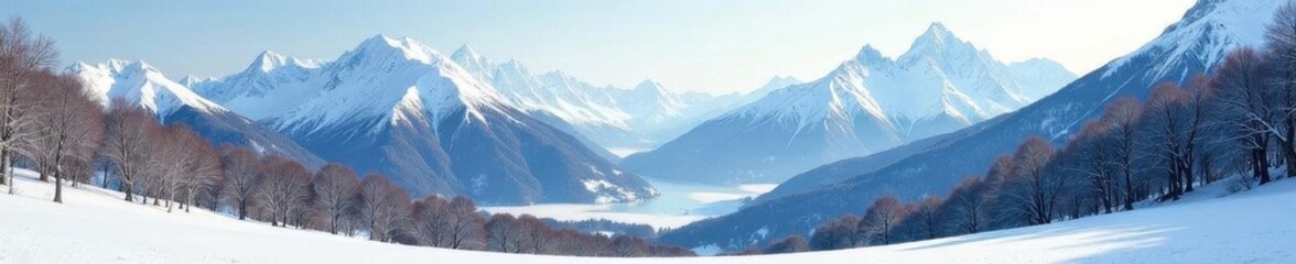 Obraz premium Perfectly symmetrical snowy mountain range, bare trees flanking a central valley , nature, white