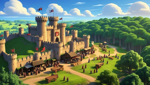 Panoramic view of a medieval castle and city with historic architecture on a hill, surrounded by nature, mountains, and a village, capturing the essence of European travel and landmarks