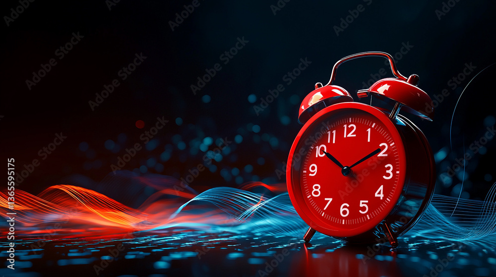 Poster a red alarm clock on a reflective surface with abstract red and blue light patterns in the backgroun