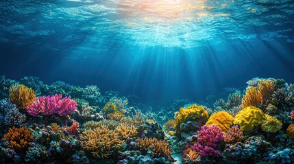 Fototapeta premium A vibrant underwater scene featuring colorful coral reefs, illuminated by sunlight filtering through the water's surface.