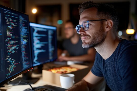 A focused programmer intently analyzing code on multiple screens late at night, showcasing dedication and the tech-driven work environment of modern software development.