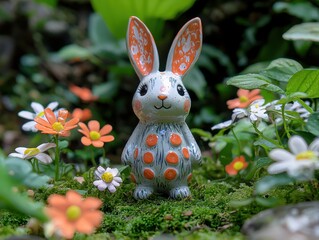 A cute ceramic rabbit figurine stands amidst colorful flowers and lush greenery, creating a whimsical garden scene.