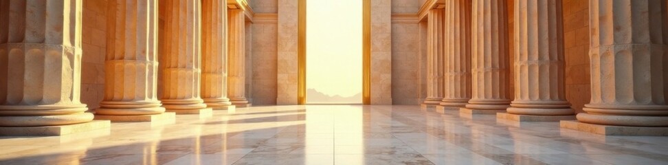 Ancient Greek temple on marble floor with golden frame, temple, marble, ancient