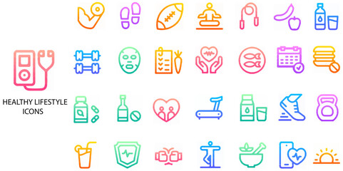 Healthy Lifestyle simple concept 28 color icons set. Contains such abstract, active, app, beauty, camera, care .Vector illustration.