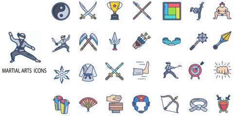 Fototapeta premium Martial Art simple concept 24 color icons set. Contains such karate, kickboxing, martial arts, boxing - sport, judo .Vector illustration.