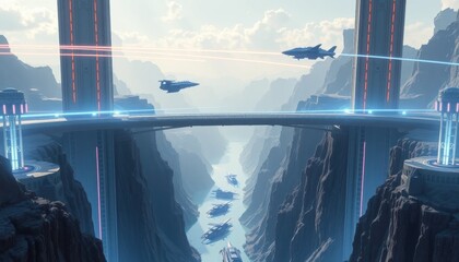 Futuristic Canyon City Spaceships & Bridge Sci-Fi Artwork
