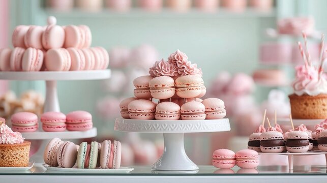 Exquisitely arranged display of delicate pastel colored other sweet confections in a chic elegantly decorated bakery or patisserie setting
