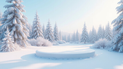 Obraz premium serene winter landscape featuring snow covered trees and circular platform. soft sunlight creates peaceful atmosphere in snowy scene