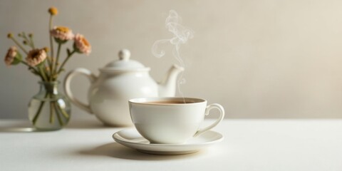 Fototapeta premium Aromatic Steam Rising from a Cup of Tea Beside a Teapot and Delicate Flowers
