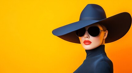 A glamorous woman with striking red lips and oversized black hat poses confidently against a vibrant yellow backdrop.
