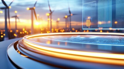 Fototapeta premium Panoramic view of multiple wind turbines silhouetted against a beautiful sunset sky over a serene rural countryside landscape Renewable clean energy technology and sustainable power concept
