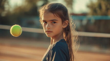 Naklejka premium A young girl with ponytail stands on a tennis court with a tennis ball in the air near her face
