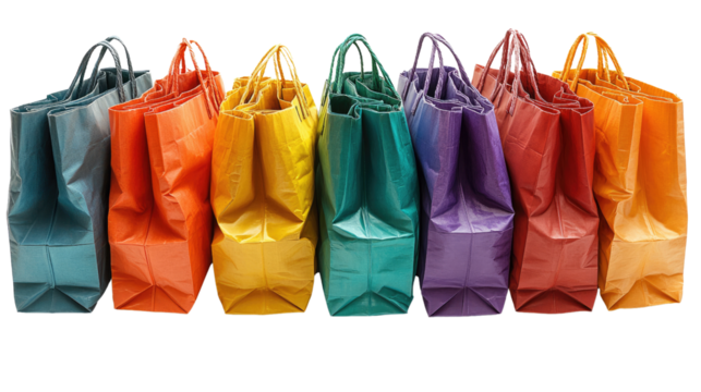 Colorful Shopping Bags Array: A vibrant array of assorted shopping bags stands in a neat row, each showcasing a unique hue, symbolizing the excitement of retail therapy.