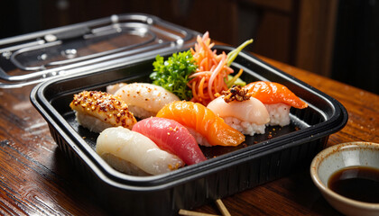 Transparent Food Box Mockup with Sushi Presentation on Table  