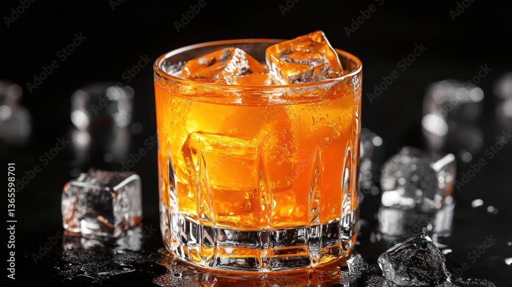 Poster carrot juice served with ice cubes in a refreshing glass