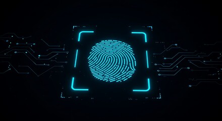 A glowing blue fingerprint surrounded by a square frame and circuit board lines on black background