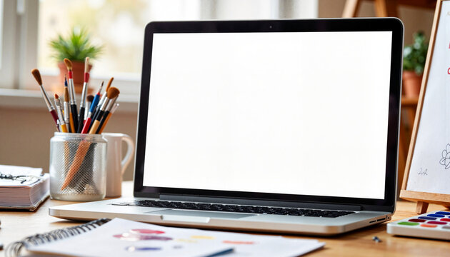 Workspace with a blank laptop screen and creative tools - mockup  