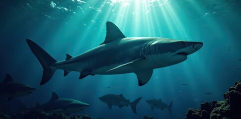 Fototapeta premium Imposing shark silhouette, shimmering fish school background , powerful, underwater world, ocean photography