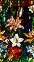 Stained Glass Lilies: A mesmerizing close-up of a stained glass window featuring a vibrant arrangement of lilies in full bloom, surrounded by lush greenery and intricate geometric patterns.