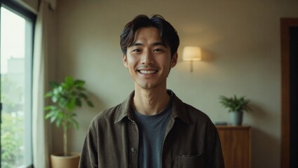 Fototapeta premium Cheerful Japanese Man Welcoming to His Bright and Spacious Apartment with City View, Ideal for Real Estate and Modern Living Concepts