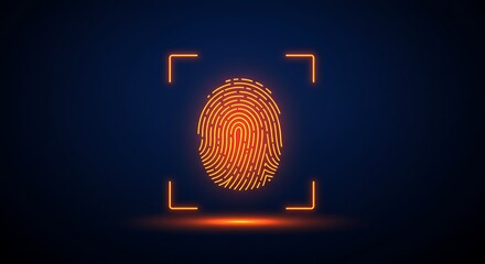 Glowing orange fingerprint scan with square brackets on a dark blue gradient background design concept