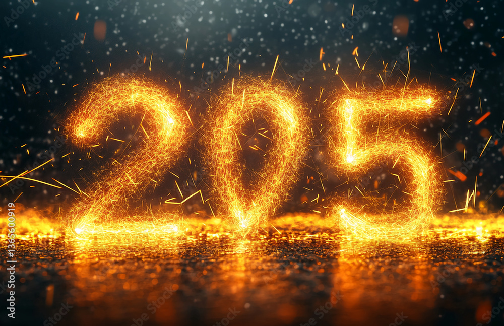 Poster The number two hundred and five is displayed in a fiery and sparkling light on a dark background