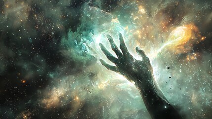 Fototapeta premium Cosmic Hand Reaching for the Stars in an Ethereal Galaxy Scene