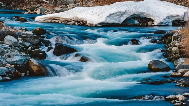 Turquoise river cascades over rocks, merging with snow patches