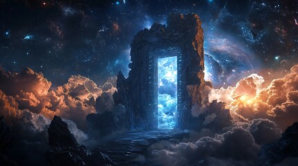 Enchanted Portal Surrounded by Cosmic Clouds and Stars in Space