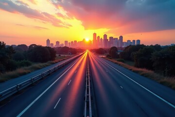 Obraz premium Empty highway stretches towards city skyline at dawn, freedom, sky, journey