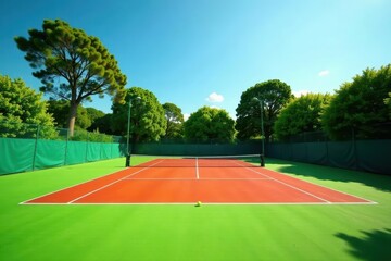 Empty tennis court, vibrant green grass, clear day, daytime, tennis, outdoor